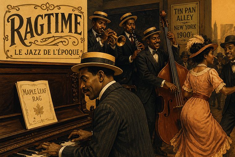 Musiciens afro-américains jouant du ragtime au piano dans un club de Tin Pan Alley à New York au début du XXe siècle