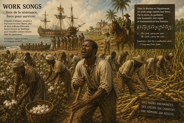 Illustration des work songs chantés par des esclaves africains dans les plantations américaines au XVIIe siècle, montrant le travail collectif dans les champs de coton et de canne à sucre