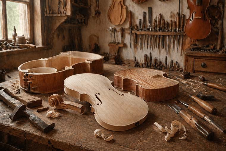 Fabrication artisanale d’un instrument à cordes dans un atelier de luthier