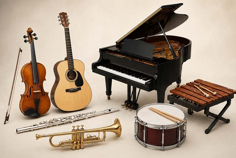 Exemples d’instruments appartenant aux grandes familles : cordes, vents, percussions et claviers