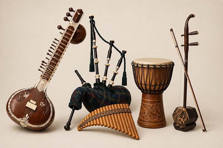 Instruments traditionnels du monde : sitar, cornemuse, djembé, erhu et flûte de pan