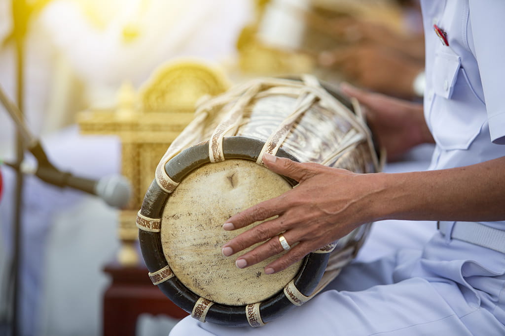 Le mridangam, un tambour traditionnel de l’Inde du Sud.