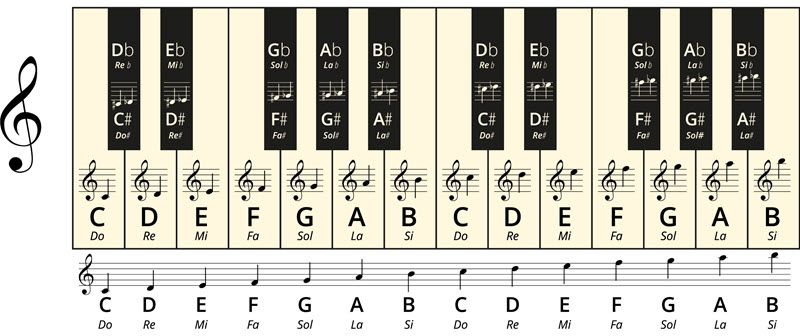 Nom des notes de musique sur une portée en clef de sol avec un clavier de piano