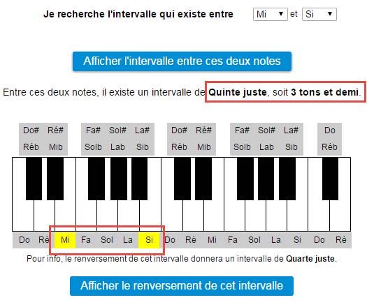 Intervalle entre les notes Mi et Si