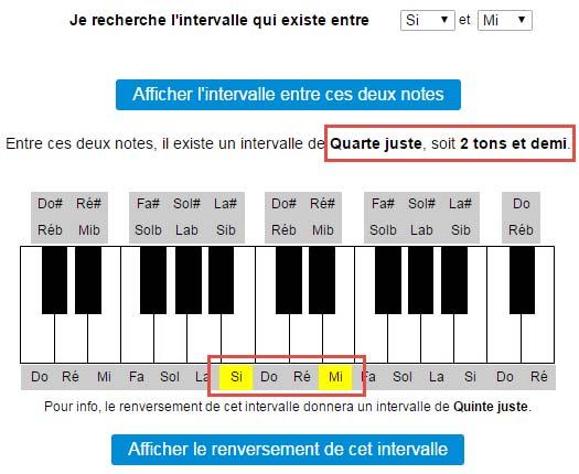 Afficher l'intervalle entre les notes Si et Mi